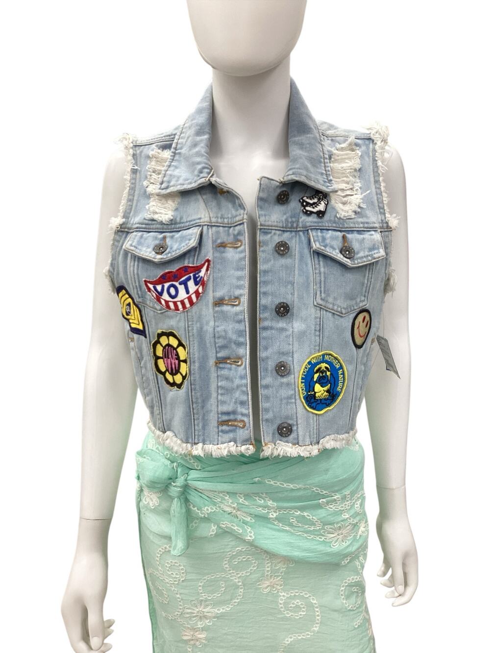 Carmar Vest Women’s Size S Denim Raw Hemline Cropped Patches Light Blue Color